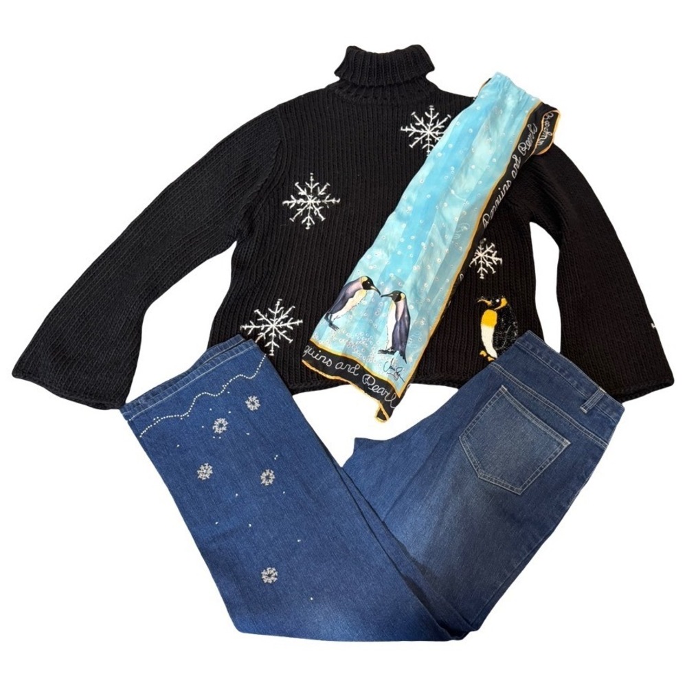 Jane Seymour 3 pc Penguin Snowflake Embellished Jeans Sweater 14‎ 2XL Winter